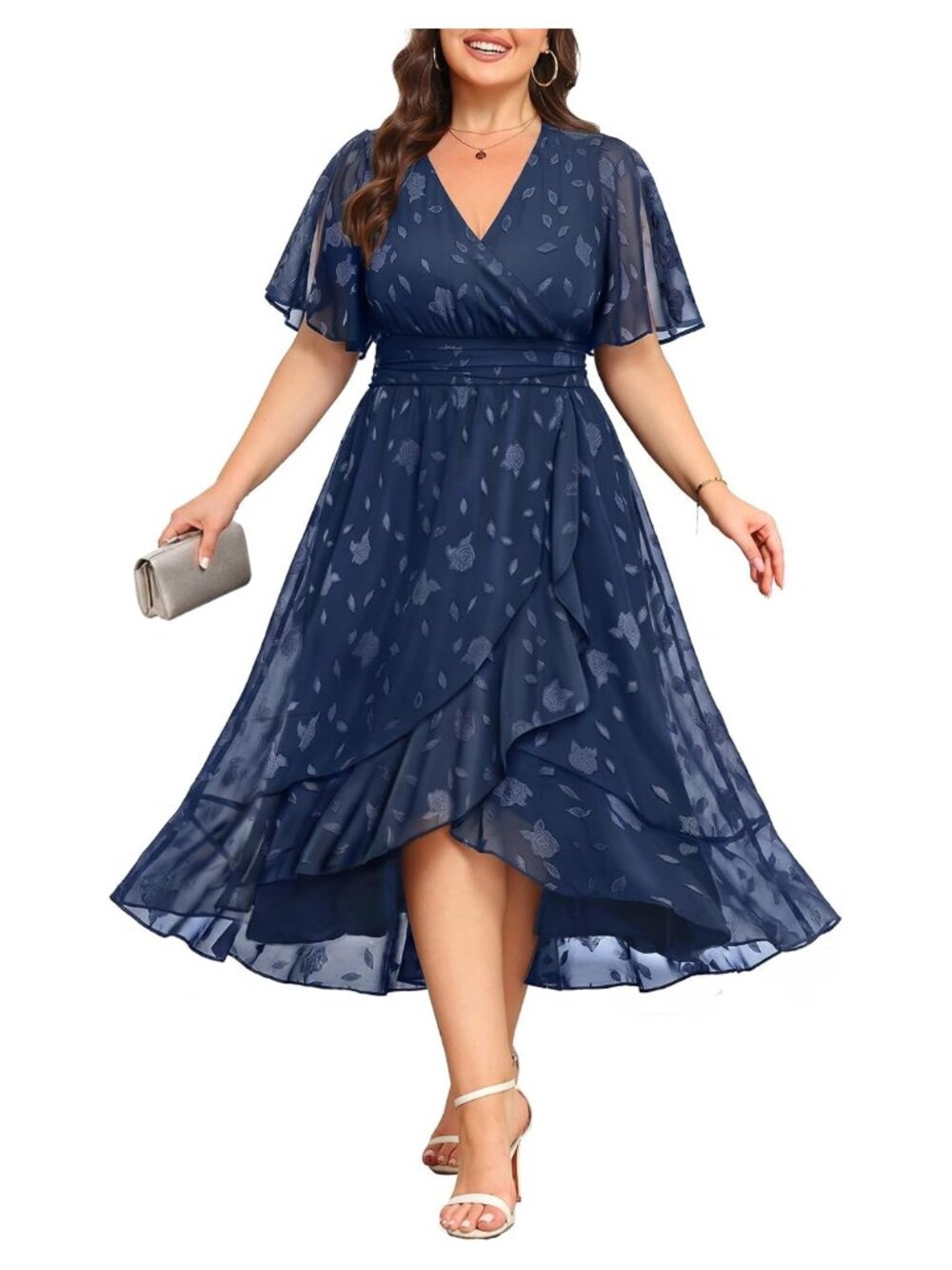 Plus Size A-Line High Low Cocktail Dress Wrap V Neck Flutter Sleeve Smocked Back